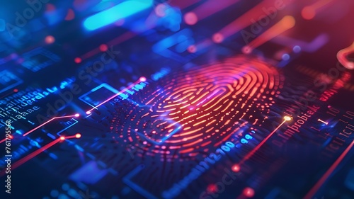 Fingerprint biometric data scanning on futuristic pink technology cyberspace security data check background. 3d rendering of finger-print scan.