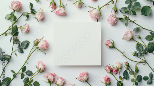 spray roses flowers frame and empty paper sheet on white table, beautiful vintage card, top view, space for text, flat lay. Feminine concept.