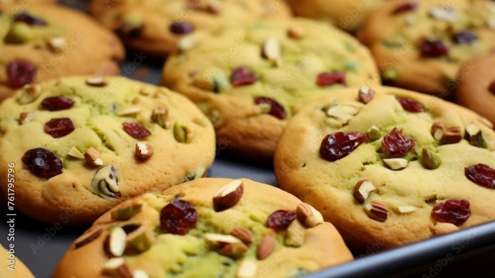 Tray of cookies with nuts and raisins on top Tray of cookies with nuts and raisins on top