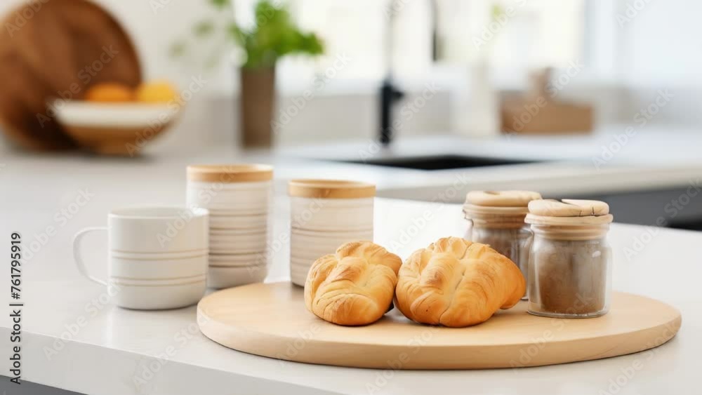 Tray of croissants and coffee sits on wooden board on counter Tray of croissants and coffee sits on wooden board on counter