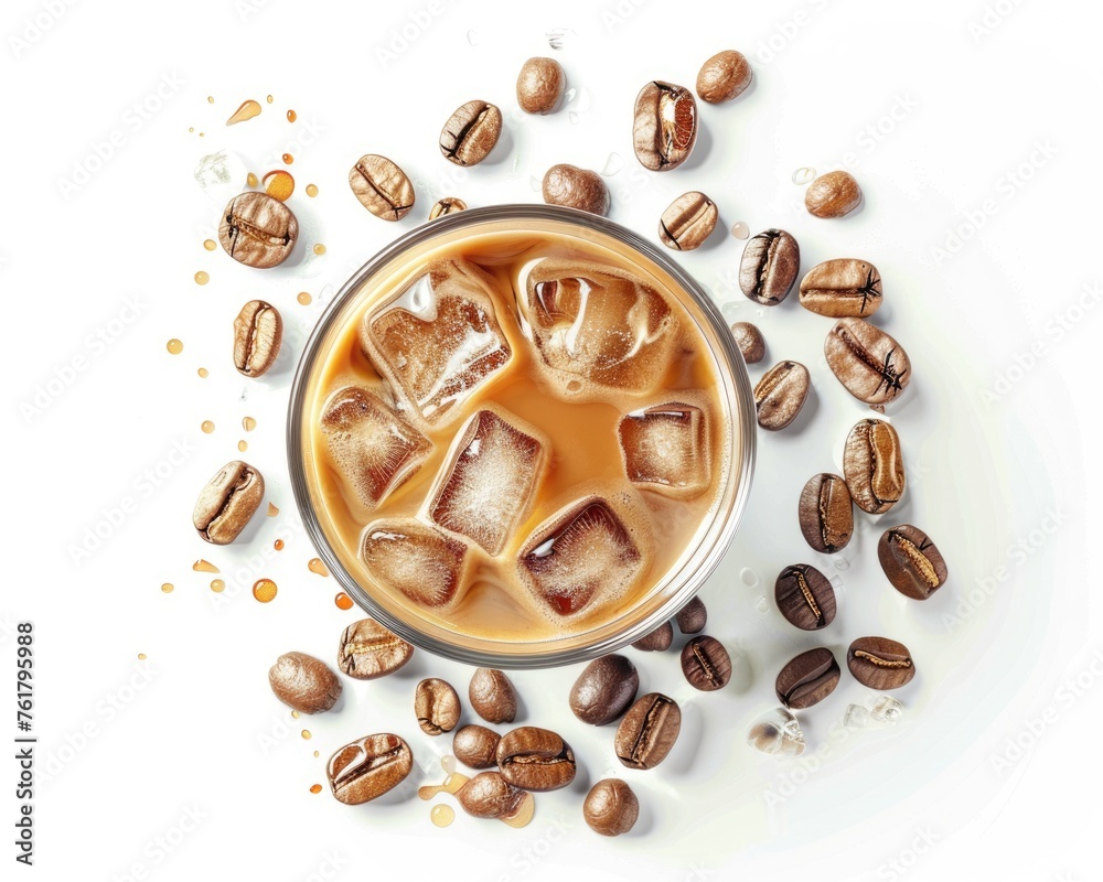 Ice Coffee Shake in Glass with Creamy Milk Top View on a White Background Ice Coffee Shake in Glass with Creamy Milk Top View on a White Background
