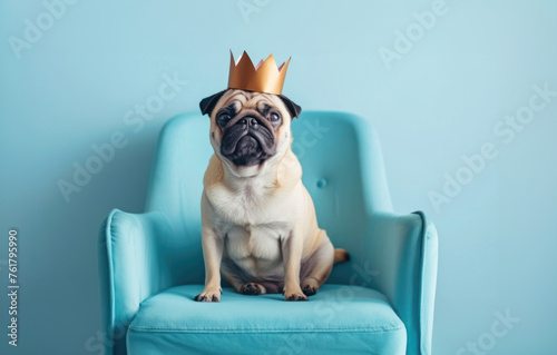 A Pug Wearing a Golden Paper Crown Sitting On a Baby Blue Chair, Studio Photo © Rafael