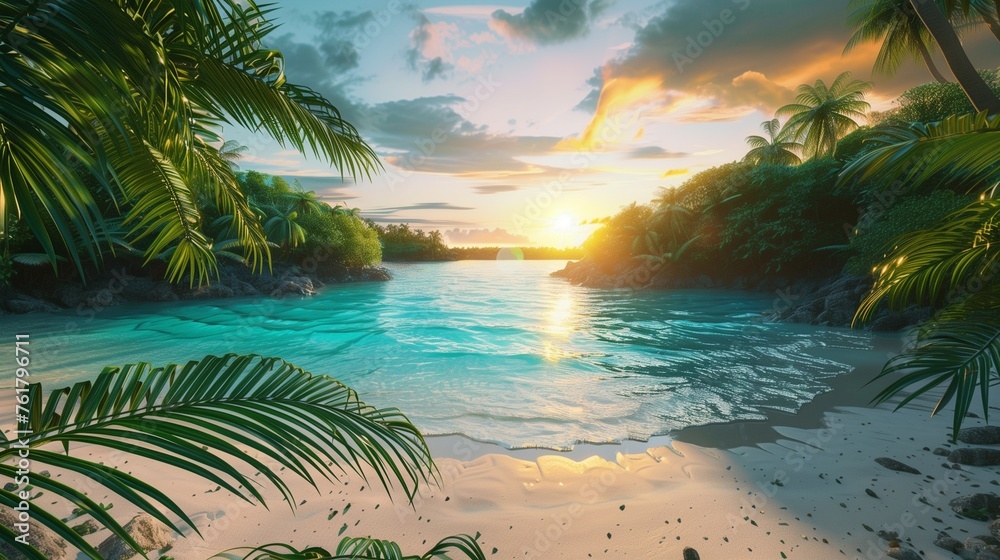 Serene Tropical Beach at Golden Hour: Crystal-Clear Turquoise Waters and Soft, Pristine White Sands, Framed by Lush Green Palm Trees with a Breathtaking Sunset in the Background, Postcards.