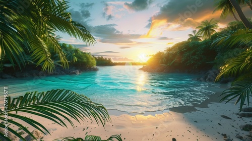 Serene Tropical Beach at Golden Hour: Crystal-Clear Turquoise Waters and Soft, Pristine White Sands, Framed by Lush Green Palm Trees with a Breathtaking Sunset in the Background, Postcards.
