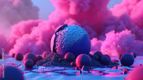 a bunch of balls sitting on top of a pile of sand in the middle of a blue and pink sky. photo