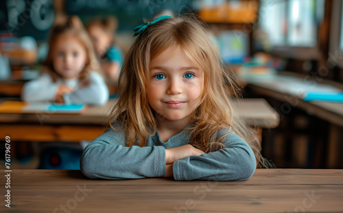 A young student with blonde hair and blue eyes smiles warmly  the girl s folded hands resting on a wooden desk in a busy classroom  showing the joy of learning.