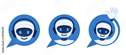 Set of robot chatbot icons. Cute smiling robot greets with raised hand. Icons for avatars of chat bots, robots with artificial intelligence. Vector illustration in blue color.
