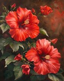 Scarlet Red Hibiscus Flowers and Buds - A Warm Summer in Paradise with Perfumed Scents of this Resort Season