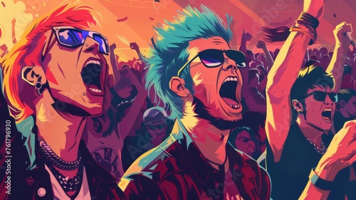 Colorful illustration of a punk rock concert - Vibrant artwork depicting a punk rock crowd with exaggerated features and bold colors, conveying the raw energy of a live music event