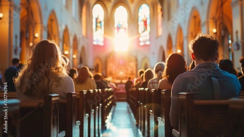 Congregation in church at sunset - Warm backlit image of congregation sitting in church pews during a service at sunset
