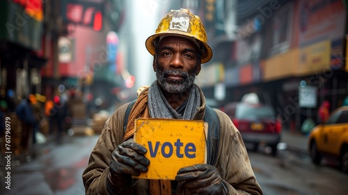 A man in headgear holds a vote sign in the city