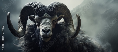 A close up of a rams jaw and horns in the dark showcases the symmetry of this terrestrial animal. The monochrome art captures the mysterious essence of this fictional and supernatural creature photo