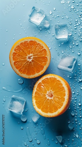 Top view composition with orange cut in half and melting ice cubes on a blue background.