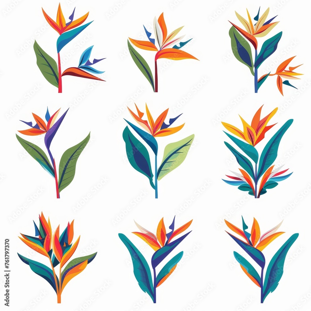 Bird of Paradise Flower Icon Set, Garden Strelitzia Flat Design, Abstract Strelitzia Reginae Symbol