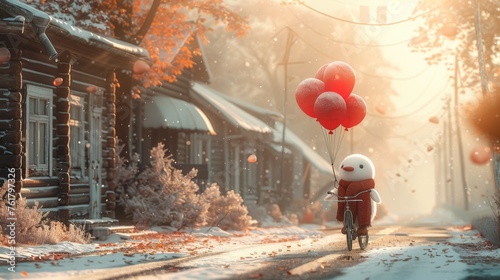  a person riding a bike down a snow covered road next to a house with balloons attached to the back of it.