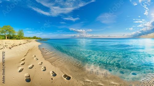 Tranquil Tropical Beach Panorama  A Wide-Angle View Showcasing  Meeting the Sky at the Horizon  with Delicate Footprints Leading to a Peaceful  Secluded Cove.