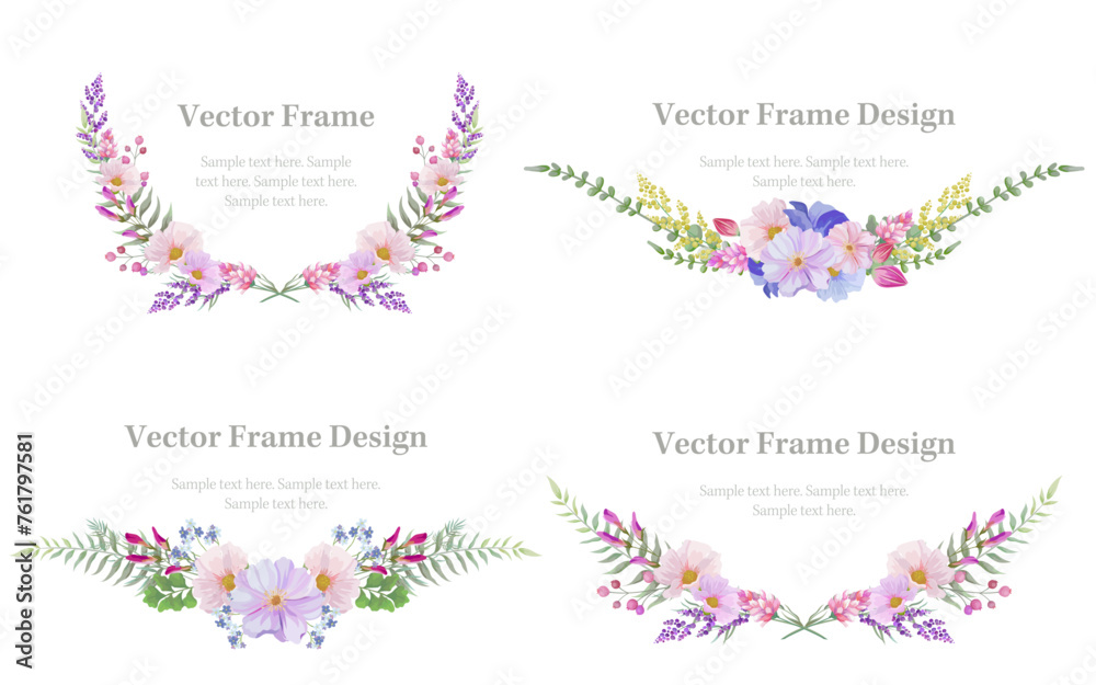 Botanical frame and laurel wreath border set of spring flower and leaf. Pink and purple wild flowers vector illustration. Botanical frame and laurel wreath border set of spring flower and leaf. Pink and purple wild flowers vector illustration.