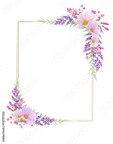 Botanical rectangle frame and border of spring flower and leaf. Pink and purple wild flowers vector illustration.