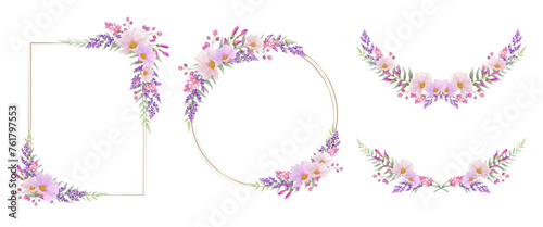 Botanical frame, border and laurel set. Pink and purple wild flower on white background.  Gold line circle, square , oval and rectangle with plant wreath. Vector illustration.