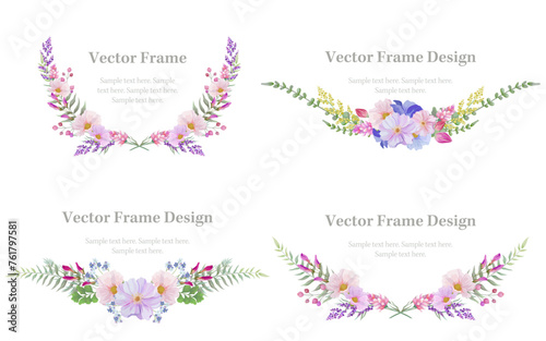 Botanical frame and laurel wreath border set of spring flower and leaf. Pink and purple wild flowers vector illustration.