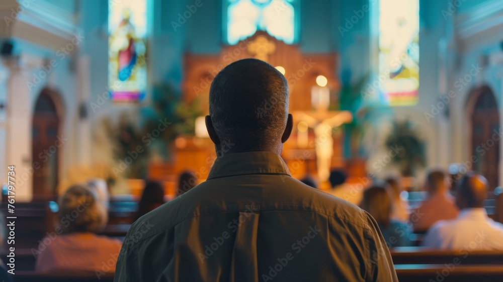 Man at church service from behind - Over-the-shoulder view of a man attending a church service focusing on the altar Man at church service from behind - Over-the-shoulder view of a man attending a church service focusing on the altar