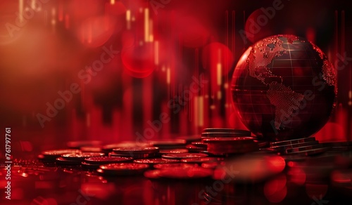 Stacks of Bitcoins crypto currency and money on red financial graph, 3d illustration.