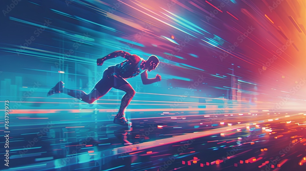 Running athlete in sportswear against a background of luminous speed lines. Energetic young athlete or marathon runner. Sport. Illustration for cover, card, interior design, brochure, etc.