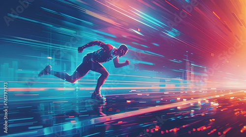 Running athlete in sportswear against a background of luminous speed lines. Energetic young athlete or marathon runner. Sport. Illustration for cover, card, interior design, brochure, etc. © Login
