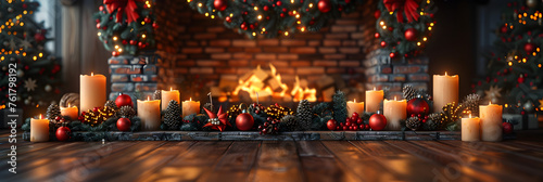 Christmas decoration with candles on the fireplace, Christmas interior with fireplace and christmas tree