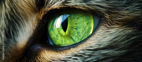A closeup shot of a cats green eye, showcasing its long eyelashes, whiskers, and vibrant iris. This felidae, a carnivorous member of the small to mediumsized cat family, has a striking gaze photo