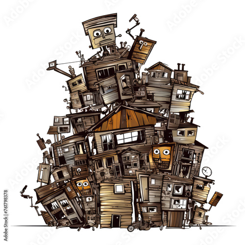 Large scrap metal house, pixel art, made of wood, white background.