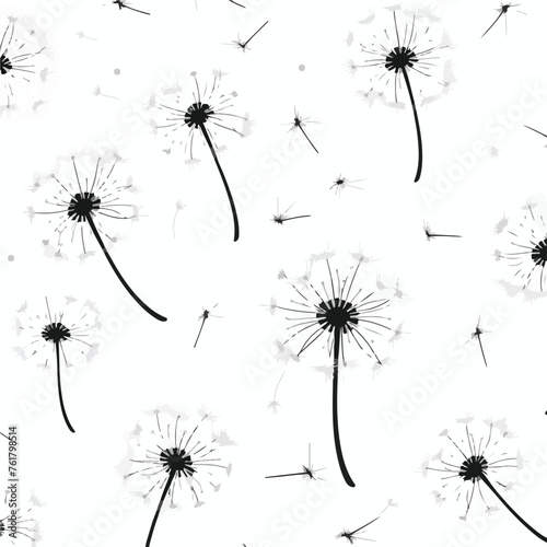 Flying dandelion seamless pattern in black and white
