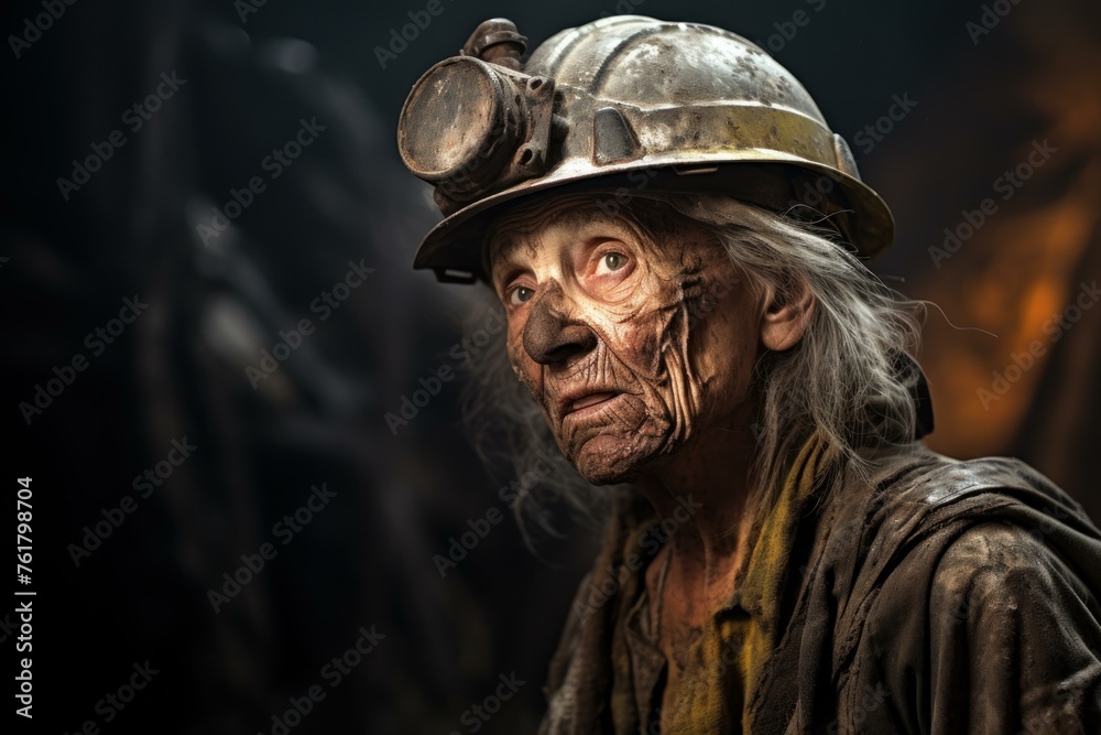 Grizzled Miner old woman mine. Industrial activity. Generate Ai