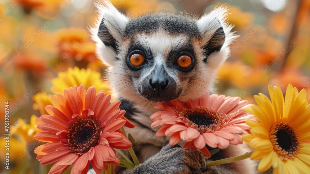 a close up of a small animal with flowers in it's mouth and a blurry background of flowers in the foreground. a close up of a small animal with flowers in it's mouth and a blurry background of flowers in the foreground.