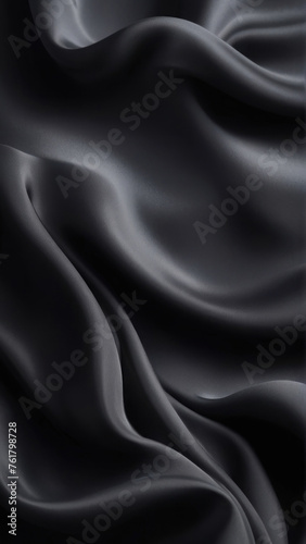 Abstract vertical background. Black silk fabric, curves of shiny fabric. AI generative.