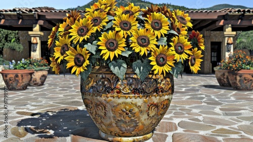 a vase filled with lots of sunflowers sitting on top of a stone floor next to potted plants.