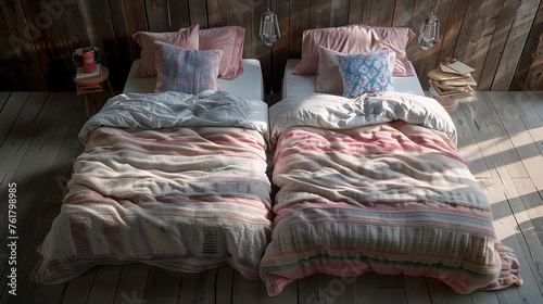 Cozy bed with pillows and blankets in cottagepunk style, vintage Americana, festive atmosphere, warm wooden interior. photo