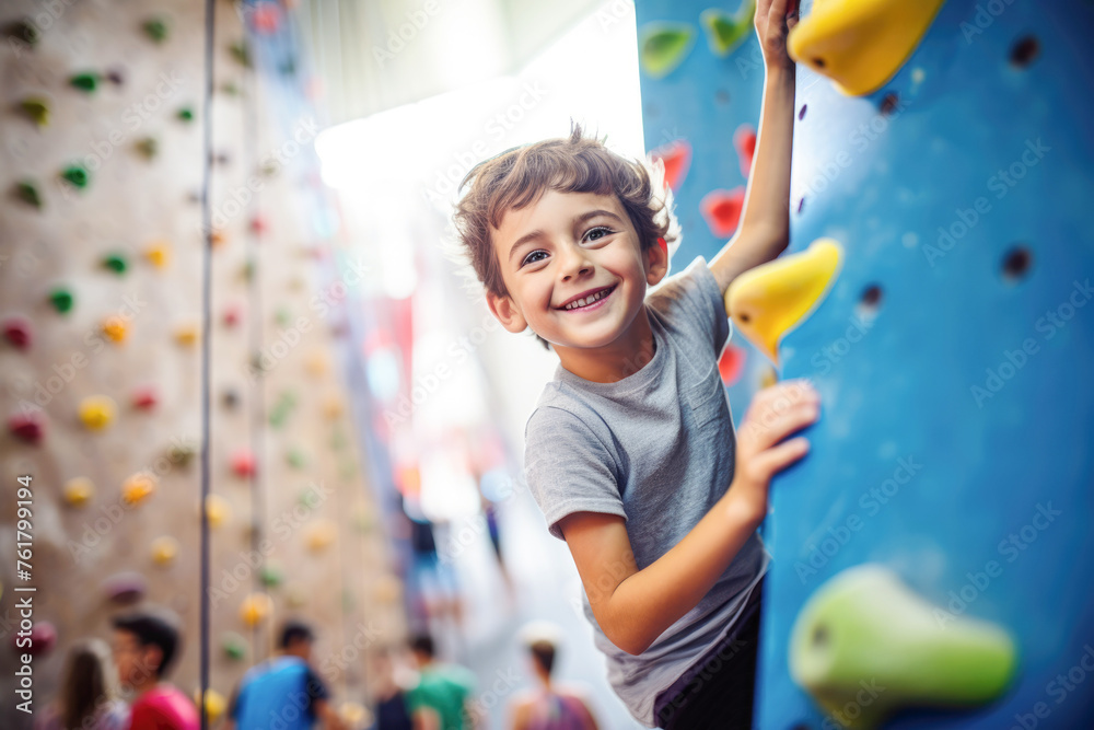 A young boy eagerly tackling a climbing wall at the gym, mastering the art of bouldering with determination.