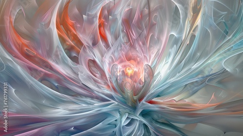 a digital painting of a flower with a red center surrounded by blue, orange, and white swirls and petals. photo