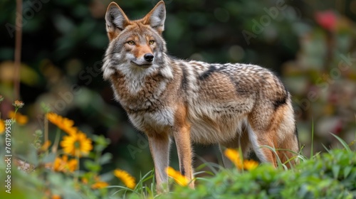  a close up of a wolf standing in a field of grass and flowers with trees in the back ground and yellow flowers in the foreground. © Shanti