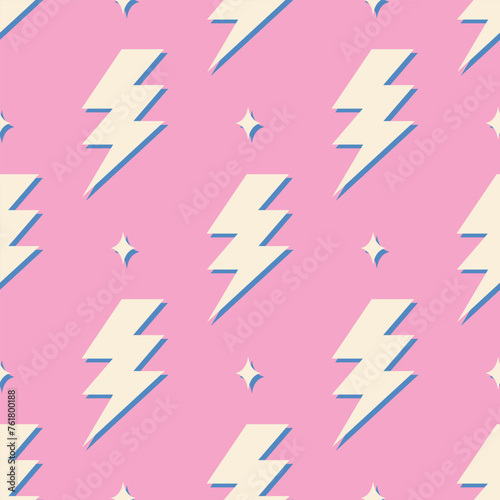 Retro vector seamless pattern with lightning. Flat design. Yellow lightnings on pink background.