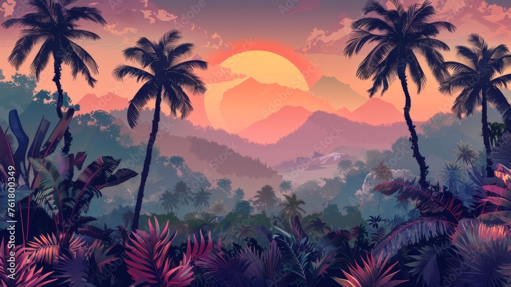 Tropical landscape with sunset and palm trees - Scenic view of a tropical sunset with silhouettes of palm trees and mountains in the backdrop