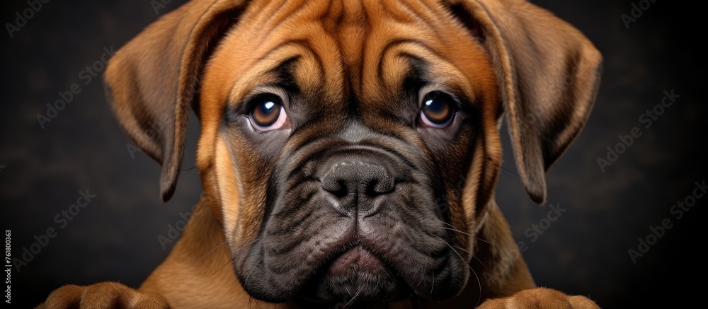 A close up of a fawncolored Boxer puppy, a member of the Dog breed known for its wrinkled snout and being a companion dog in the Sporting Group