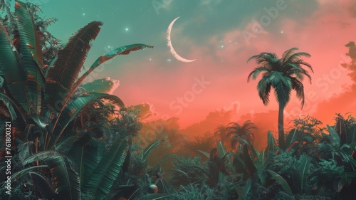Tropical jungle under a starry night sky - A vibrant depiction of a lush tropical jungle under a sky with stars and a crescent moon offering a dreamy escape