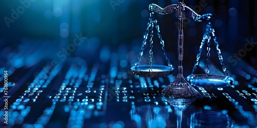 Digital Scales and Data Center: Revolutionizing Justice and Law with Legal Technology. Concept Legal Technology, Justice System, Digital Scales, Data Center, Revolutionizing Technology photo