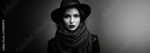 Black and White Portrait: Stylish Brunette Woman Wearing Black Hat, Scarf, and Leather Jacket, Standing Against Gradient Background