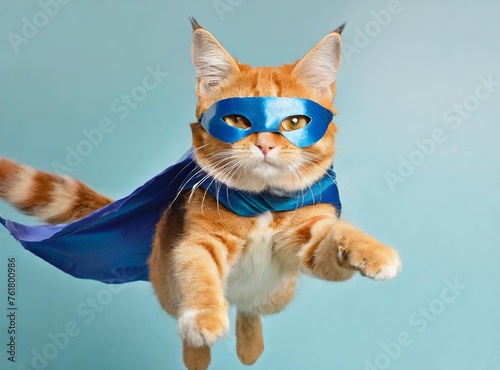 Superhero cat, Cute orange tabby kitty with a blue cloak and mask jumping and flying on light blue background. photo