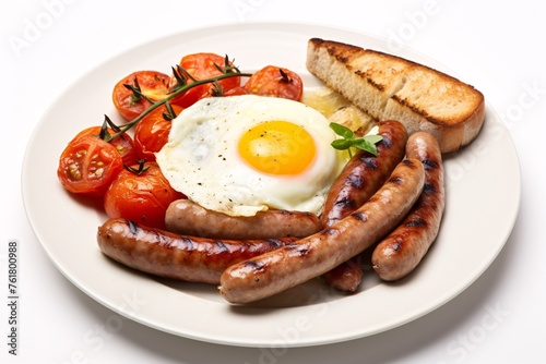 a plate of sausages and egg with toast