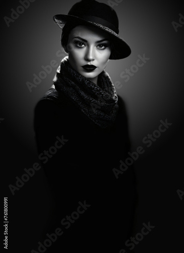 Black and White Portrait: Stylish Brunette Woman Wearing Black Hat, Scarf, and Leather Jacket, Standing Against spotlight