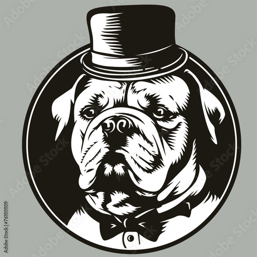 Elegant portrait of a bulldog in a hat and in bow tie